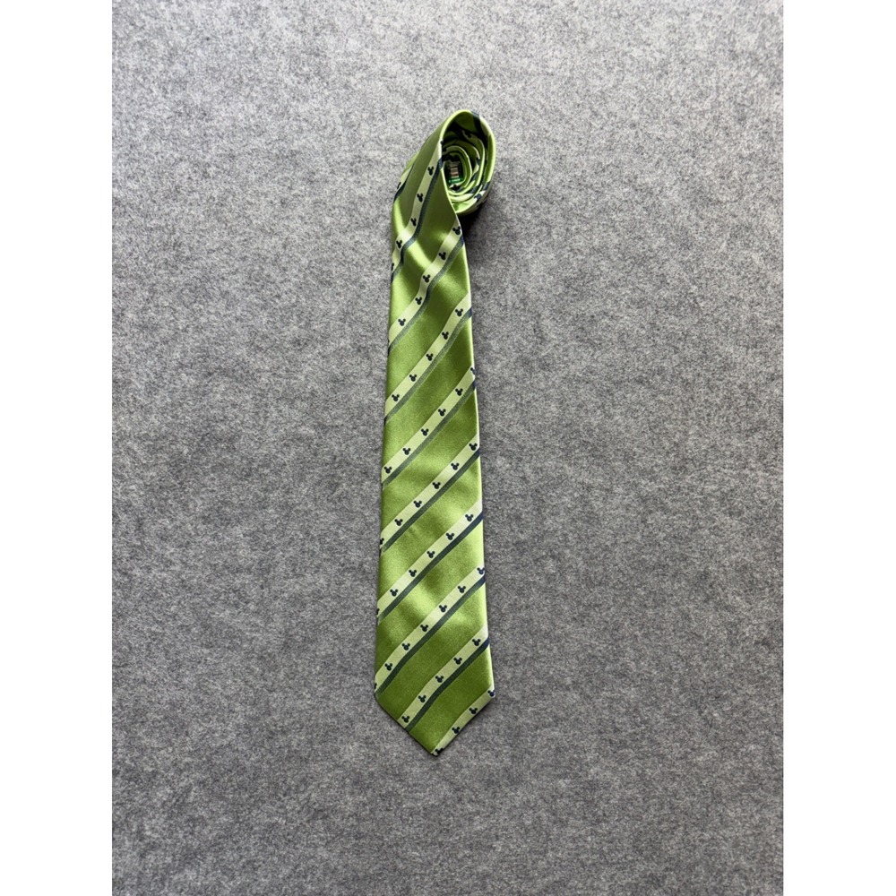 Disney Parks Mens Silk Tie Green Striped Mickey Mouse Icon Formal Necktie - Picture 1 of 10